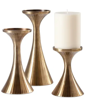 Torre & Tagus Tomar Antique Brass Ribbed Pillar Holders Set Of Three