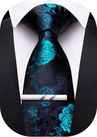 Barry.Wang Floral Ties for Men Necktie and Tie Clip Wedding Business Flower Solid Color Formal, Cyan Blue, One Size