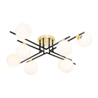 QAZQA Qazqa - Ceiling Light Black with Gold and Opal Glass 8-Light - Lynn