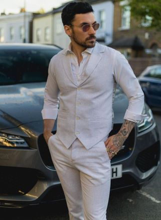 TruClothing Mens Summer 2 Piece Suit Linen Formal Grey Waistcoat Trousers Cotton - Size 48 (Chest) 42 (Waist)