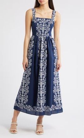 Julia Jordan Embroidered Square Neck Dress in Navy Ivory at Nordstrom Rack, Size 16
