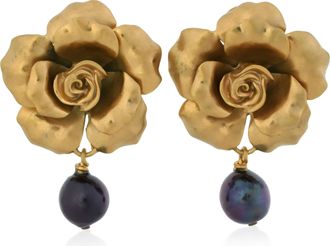 Roberto Cavalli Gold-Tone Rose Earrings with Black Pearls