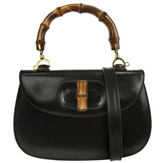 Gucci Vintage Convertible Bamboo Top Handle Bag Leather Black Leather Handbag (Pre-Owned)