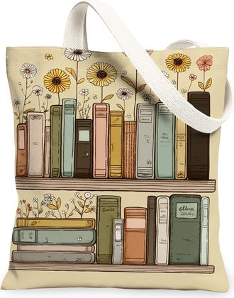 Generic Floral Bookshelf Canvas Tote Bags, Vintage Flower Design Reusable Shopping Bags, Spring Lightweight Washable Shoulder Strap, Beige, 13x15 Inch