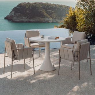 Sklum Set De Mesa Redonda &Oslash;90 Cm En Cemento Y Fibra De Vidrio Melody Y 4 Sillas De Jard&iacute;n Con Reposabrazos Tapizadas Y En Acero Zunika Sklum