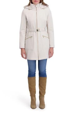 Kensie Soft Shelled Hooded Belted Zip-Up Coat in Ivory at Nordstrom Rack, Size X-Large