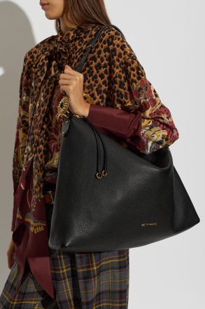 Etro Leather Hobo Large Bag With Fringes, Womens, Black