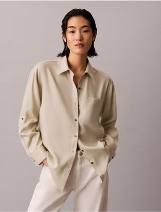 Calvin Klein Womens Lyocell Roll Tab Button-Down Shirt - Beige - XL
