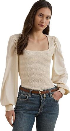 Lauren Ralph Lauren Smocked Jersey Blouson Sleeve Top Womens Sweatshirt Mascarpone Cream : XS, Cotton/Polyester