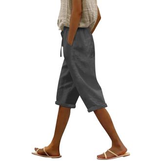 Generic Womens Knee-Length Elastic-Waist Linen Shorts with Front & Back Pockets, Relaxed-Fit Casual Shorts for Summer Markets, Garden Parties & Coffee Runs