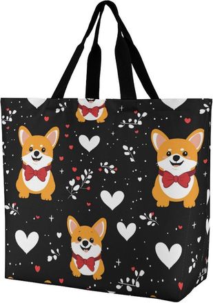 Generic Valentines Day Corgi Dog Hearts Reusable Shopping Bags Large Capacity Grocery Bag Heavy Duty Tote for Women 40x40x16cm
