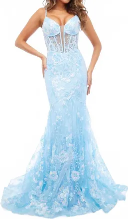 Jasz Couture Applique Mermaid Dress With Lace-Up Back In Light Blue