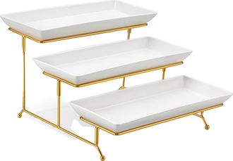 OEM Bandeja De Servir, Material Cer&aacute;mico, Soporte Plegable Resistente, Oro Blanco, 35,5 Cm (14 Pulgadas)