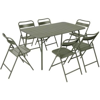 Sweeek Folding metal garden table + 6 chairs, khaki green - Amelia