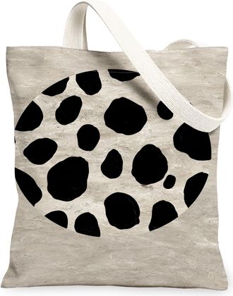 Generic Beige Canvas Tote Bag, Stylish Black Spots Pattern Reusable Grocery Bags, Lightweight Washable Shoulder Strap Canvas Bags F, Beige, 13x15 Inch