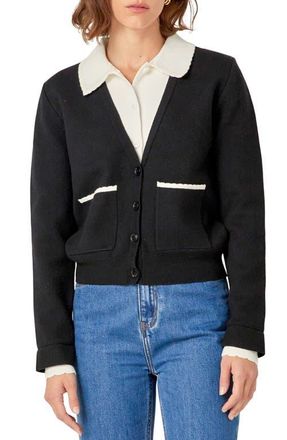 English Factory Scallop Detail Cardigan in Black/white at Nordstrom, Size Large