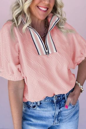 Azura Exchange Textuur Halfzip Pofmouwen Top