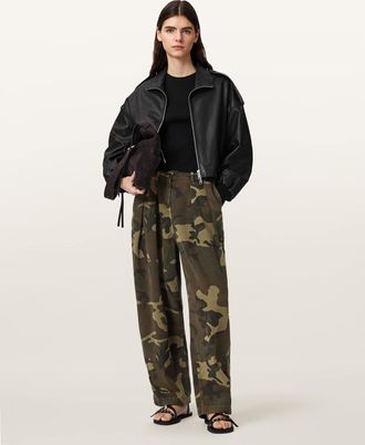 AllSaints Cotton Becca Camo Denim Barrel Leg Trousers, Size: UK 14/US 10