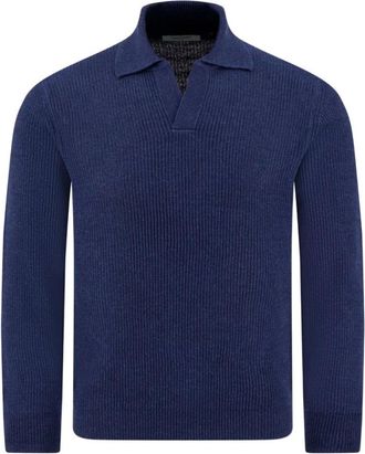 Gran Sasso V-neck Knitwear, male, Blue, Size: XL Ribbed Knit Polo