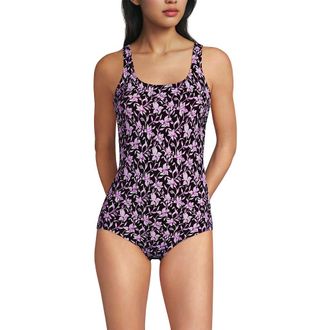 Lands End D-Cup Chlorine Resistant Scoop Neck Soft Cup Tugless Sporty One Piece Swimsuit Print in Tropic Floral Ditsy/dark Wine at Nordstrom, Size 10