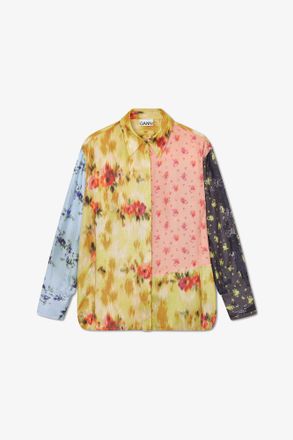 Ganni Iced Aqua Shirt in Multi Printed Silk - Size 8/10 Organic Wool