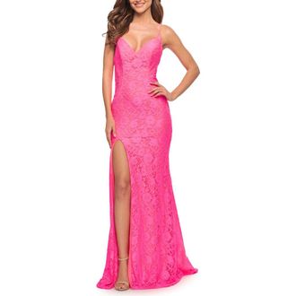 La Femme Gorgeous Neon Pink Tulle and Lace Mermaid Gown at Nordstrom, Size 12