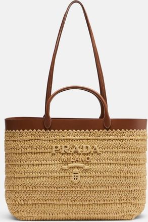 Prada Medium leather-trimmed raffia tote bag