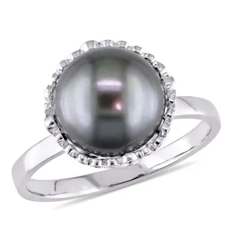 Amour 9.5 - 10 Mm Black Tahitian Pearl and 1/4 CT TW Diamond Cocktail Ring In 14K White Gold
