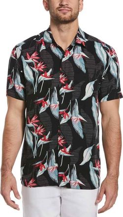 Cubavera Tropical Shirt Mens Jet Black Floral-Print Short Sleeve Button Up MKL84