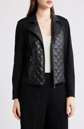 Anne Klein Quilted Mixed Media Moto Jacket in Anne Black at Nordstrom, Size X-Small P