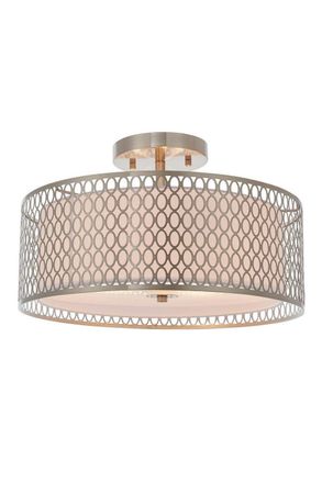 Netlighting Cordero 3 Light Flush Light Satin Nickel Plate & White Cotton Mix E27 in Grey
