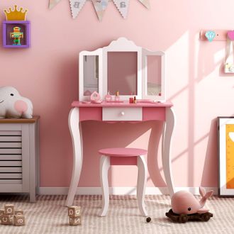 Costway Costway - Tocador De Maquillaje Para Ni&ntilde;a, Juego De Mesa De Tocador Y Taburete Para Ni&ntilde;os, Mesa De Maquillaje Infantil Con Espejo De 3 Paneles Y Caj&oacute;n