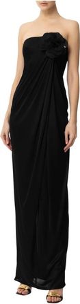Elisabetta Franchi Zwarte bloemenavondjurk met off-shoulder - Dames - Maxi kleedjes - Zwart - L - Kleedjes