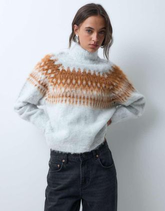 Asos maglione in maglia con collo a imbuto, motivo Fair Isle e maniche a palloncino grigio
