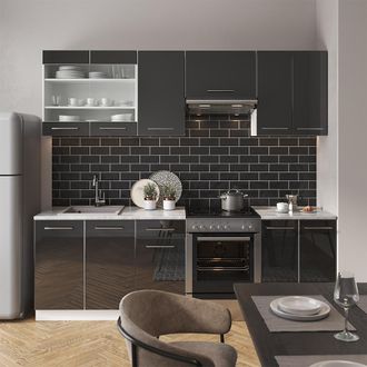 Vicco Mueble De Cocina Fame-line, Antracita Brillo Intenso/blanco, 240 Cm, Et M&aacute;rmol