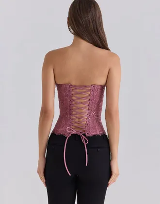 House of CB Alexia top corsetto senza spalline in pizzo metallizzato rosa cipria
