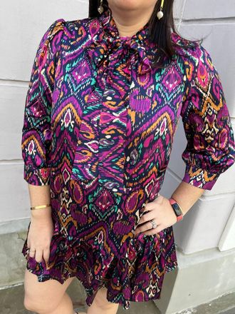 Fate Abstract Print Tie Neck Ruffle Dress In Black Multi