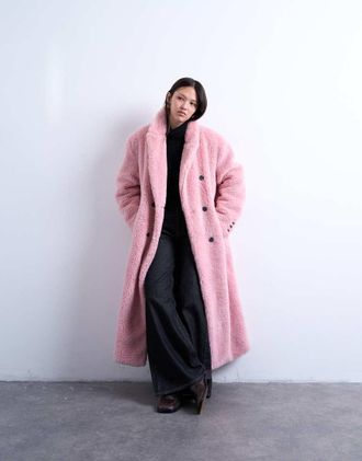 Topshop Cappotto taglio lungo doppiopetto in pile borg rosa