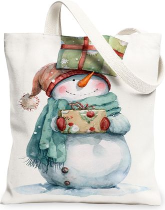 Generic Cute Snow Man Canvas Tote Bag, Festive Holiday Design Reusable Grocery Bag, Lightweight Washable Shoulder Strap Canvas for, White, 13x15 Inch
