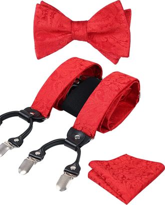 Alizeal Mens Self-Tied Adjustable Floral Paisley Bow Tie, Pocket Square and Elastic Y Shape 6 Clips Braces Set, Red