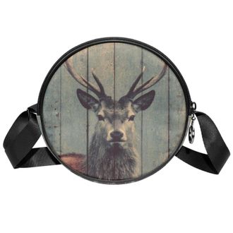 Generic Circle Crossbody Bag for Women, Wooden Board Deer Painting Small Sling Bag Daypack with Zipper Adjustable Shoulder Straps Casual Ladies Girls Round Pu