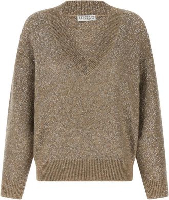 Brunello Cucinelli Brown Embellished V Neck Sweater
