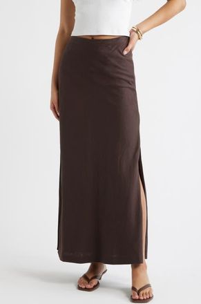 Open Edit Linen Blend Column Maxi Skirt in Brown Seal at Nordstrom, Size Xx-Small
