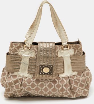 Versace Metallic Grey Signature Canvas And Leather Satchel