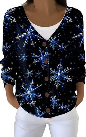 Generic Christmas Cardigan for Women Chunky Cable Knit Christmas Snowflake Print Sweaters Casual Long Sleeve Jumper Sparkly Xmas Soft Lounge Cardigans for Tun