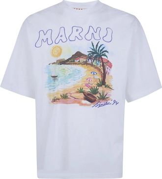 Marni T-shirt in Cotone con Stampa Spiaggia - - Tops - Uomo - Bianco - S
