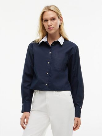 Tommy Hilfiger Womens Boxy Fit Gold-Button Poplin Shirt - Navy Blue - XL
