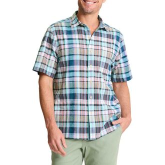 Tommy Bahama Barbados Breeze Tavira Check Short Sleeve Stretch Linen Blend Button-Up Shirt in Rococo Blue at Nordstrom, Size 3Xlt