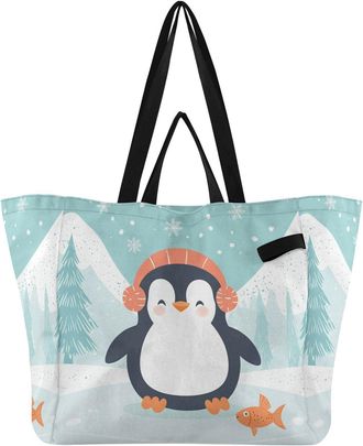 Generic Penguin Goldfish White print Reusable Canvas Tote Bag, Heavy Duty Grocery Shopping Bag with Large Capacity Double Handles Hard Bottom Work Groceries T
