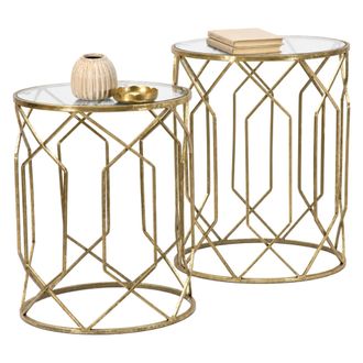 Dmora Set De 2 Mesas De Centro Gamalema, Forma Redonda, Tapa Transparente, 42x42x53h Cm, Oro